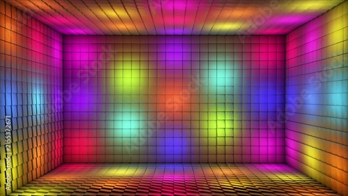 Broadcast Pulsating Switching Hi-Tech Blinking Illuminated Cubes Room Stage, Multi Color, Events, 3D, Loopable, 4K