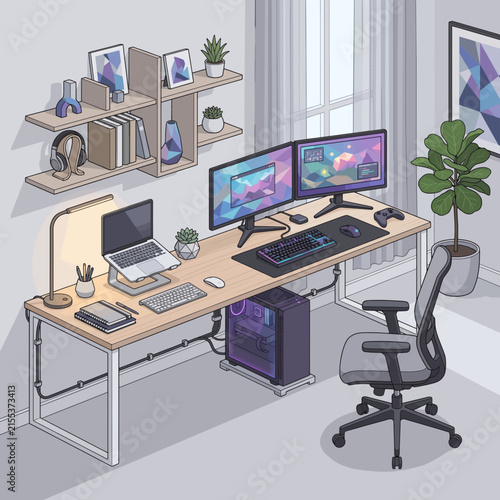 Modern Gaming Room with Dual Monitor Computer Setup Flat Vector Illustration