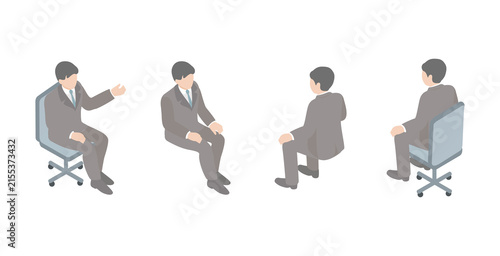 アイソメトリック　ビジネス　人物　男性　イス　座る　ポーズ　オフィス　仕事　風景　イラスト　素材