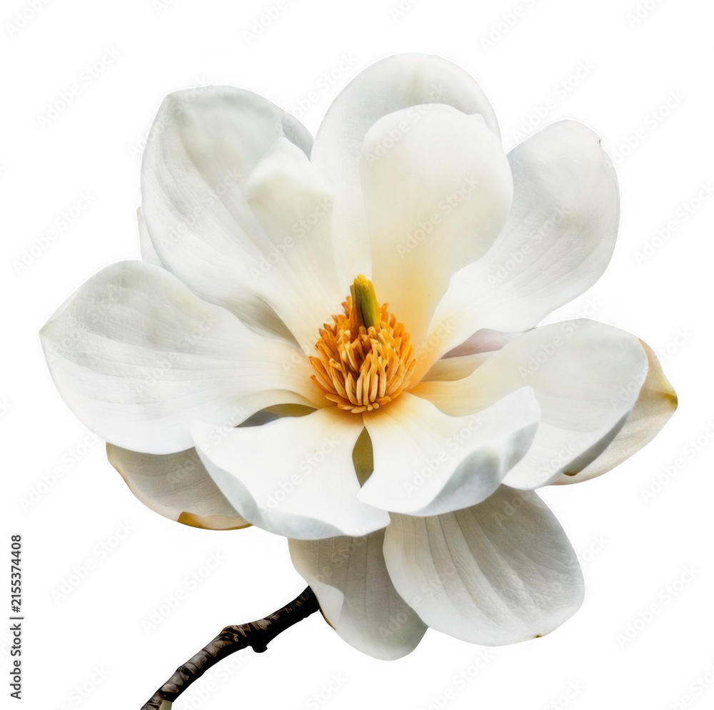 Obraz premium A single beautiful white magnolia flower in full bloom showing soft petals and a yellow center isolated on transparent background