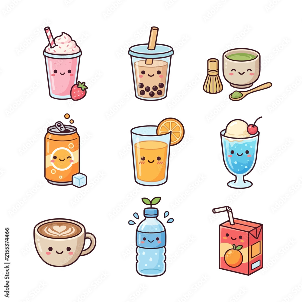Obraz premium Dms1 Set of Cute Kawaii Drink Illustrations Featuring Various Refreshing Beverages and Hot Drinks