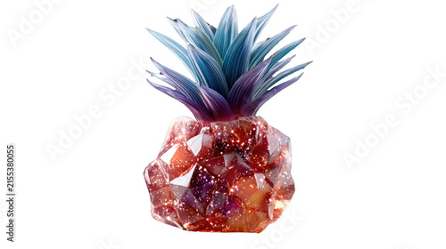 Crystallized Pineapple Fantasy: An artistic representation of a pineapple with a vibrant, crystal-like body and striking blue and purple foliage, presented against a clean background.
