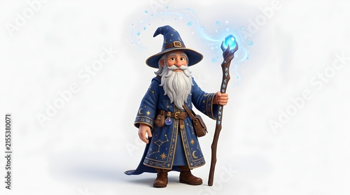 Whimsical Blue-Robed Wizard Character with Staff and Magical Energy Effects