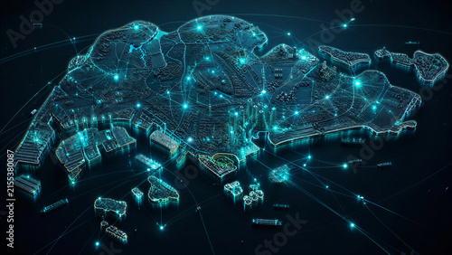 Futuristic Digital Map of Singapore, Cyber City Network, Smart City Urban Layout, Neon Blue Data Visualization, Technological Connectivity Concept