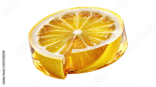 Juicy Lemon Slice with Drip: A vibrant cross-section of a ripe lemon reveals its juicy segments, with a golden drop of liquid artfully suspended, evoking freshness and natural flavor.