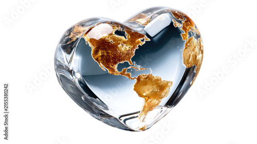 Glass Heart Globe: A translucent, heart-shaped glass sculpture encases a miniature globe, its continents rendered in rich, golden hues, symbolizing love and care for our planet.