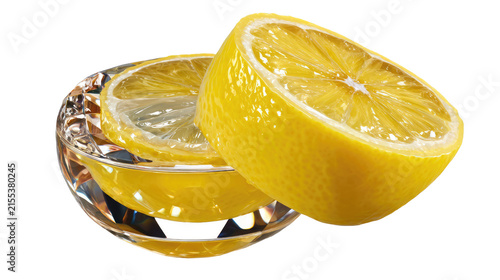 Juicy Lemon Halves in Crystal Dish: Two vibrant halves of a fresh lemon are beautifully presented in an elegant crystal dish, showcasing their bright yellow zest and juicy texture.