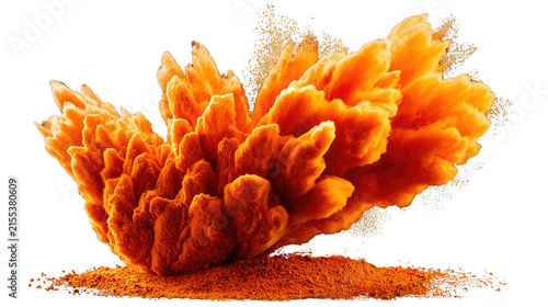 Explosive Spices: A vibrant burst of fiery orange spices, resembling crystalline structures, erupts from a base of finely ground powder.