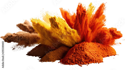 Explosion of Spice and Color: A vibrant display of assorted ground spices erupts in a dynamic cloud of rich, earthy tones, creating an abstract composition of texture and aroma.