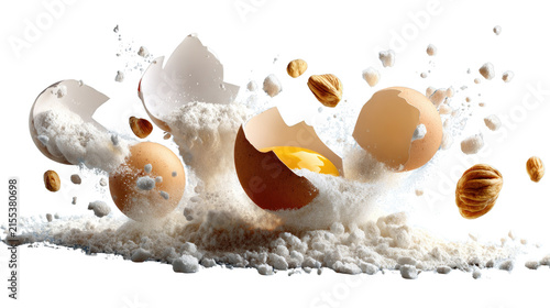 Explosion of Ingredients: A dynamic composition captures the moment of an egg cracking and exploding into a cloud of flour, showcasing the raw ingredients for baking in mid-air.