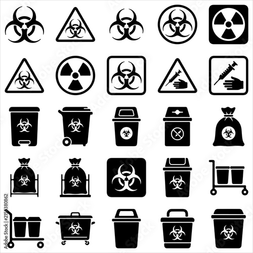 Biohazard and medical waste management icon set hazardous materials biohazard disposal container radiation infectious hospital clinical laboratory management handling collection emergency