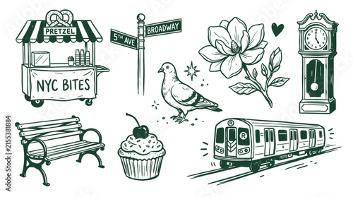 Hand drawn vintage new york city street elements with dark green outline sketching for decorative urban theme projects and classic themed travel graphic illustrations.