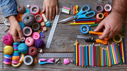 Diverse crafting supplies are arranged on a wooden surface with hands participating in creative activities.