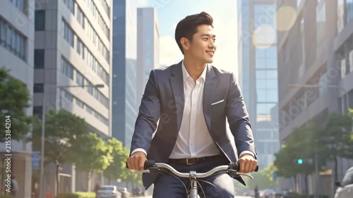 A smiling businessman riding a bicycle through a modern city street