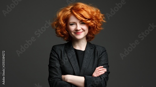 Confident businesswoman with vibrant red hair smiles with arms crossed.