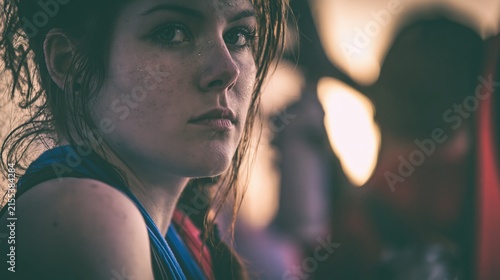 A young woman with freckles looks thoughtfully into the distance.
