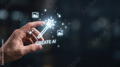 Generative AI hologram with magic wand interface and human hand in futuristic digital technology