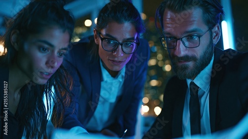 Three business people collaborating closely on a project late at night.