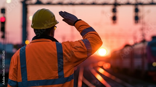 Construction worker salutes during a dramatic sunset at a railway yard.