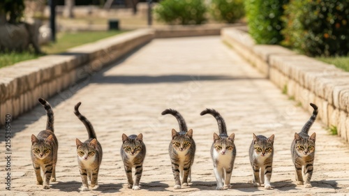 Seven Tabby Cats Walking Together on Path