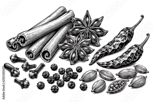 Detailed Black and White Illustration of Various Whole Spices Including Cinnamon, Star Anise, and Chili Peppers