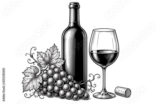 Vintage-Style Illustration of Red Wine Bottle, Grapes, Glass, and Cork with Detailed Line Art Elements