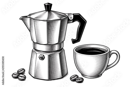 Vintage Style Coffee Maker with Cup and Coffee Beans Illustration in Black and White Art Design