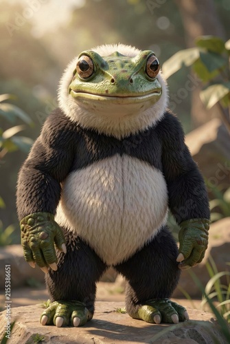 Cute green frog creature with fluffy white fur standing upright on rock in sunlit forest environment