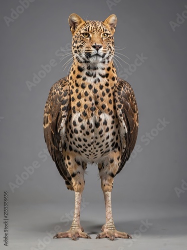 Leopard With Wings Standing On Gray Background – Hybrid Animal Portrait Studio Shot