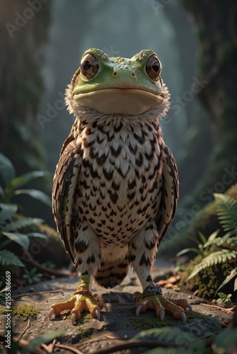 Cute green frog owl hybrid creature standing mossy forest ground sunlight dappled realistic fantasy animal portrait