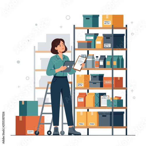 Inventory Management Worker Organizing Warehouse Stock Flat Vector Illustration