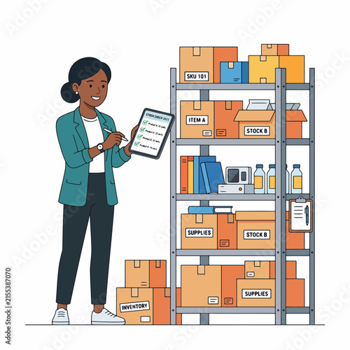 Warehouse Worker Checking Inventory Shelves Flat Vector Illustration