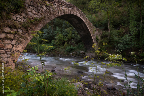 River flows under a medieval stone bridge