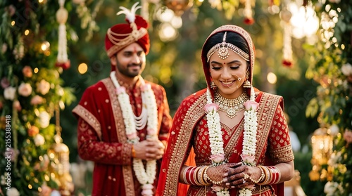 A beautiful indian bride and groom standing together during a traditional wedding ceremony with festive floral decorations