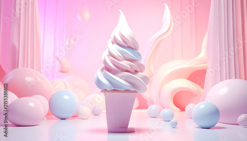 かわいいソフトクリームアートが彩るY2Kスタジオ背景
Cute Y2K soft serve art studio background with glossy 3D sculptures
