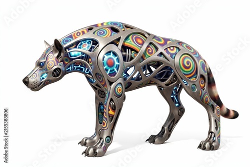 Vibrant Cybernetic Hyena Sculpture With Swirling Patterns And Neon Accents For Modern Art Installations