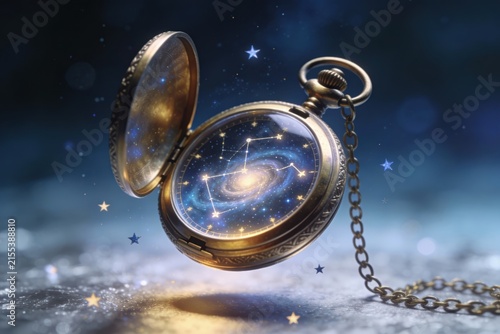 Vintage pocket watch reveals cosmic galaxy inside its open face against starry night sky background
