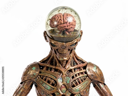 Copper-toned biomechanical figure with glass dome housing brain, sci-fi aesthetic, detailed anatomy, metallic textures