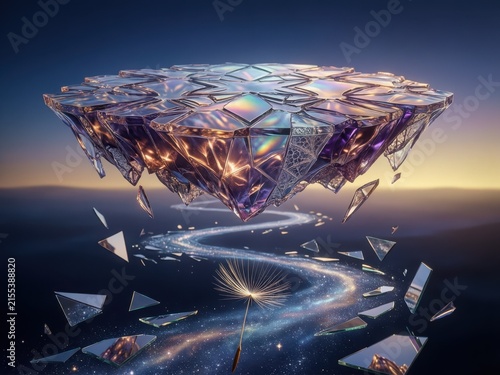 Floating crystalline structure shatters into geometric shards against cosmic twilight sky with iridescent reflections