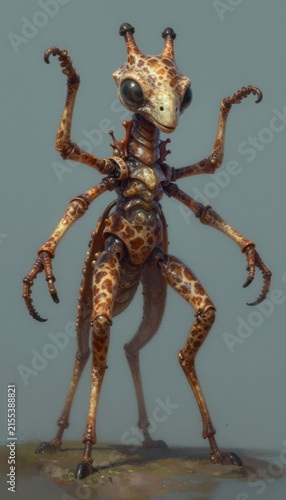 Giant mechanical insect creature with giraffe-like patterns standing on rocky terrain under soft studio lighting