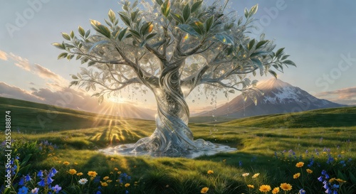 Magical silver tree glowing at sunrise with mountain backdrop and wildflowers in meadow under golden light