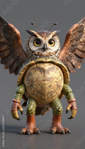 Fantasy Owl-Turtle Hybrid Creature With Wings Open, Detailed Textures, Brown Green Accents, Studio Lighting