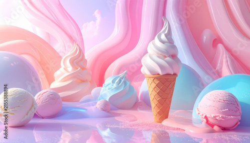 かわいいソフトクリームアートが彩るY2Kスタジオ背景
Cute Y2K soft serve art studio background with glossy 3D sculptures