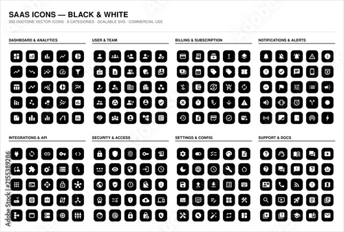 Set of black and white saas software and web development vector icons with software