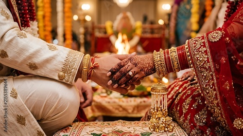 Close up of indian bride and groom holding hands during a traditional hindu wedding ceremony ritual