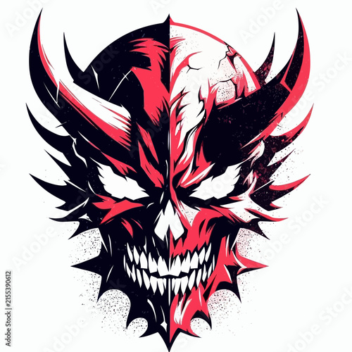 Stylized graphic illustration of a menacing horned skull face with sharp teeth and glowing eyes, split in black and red.