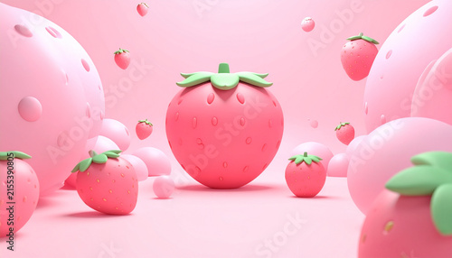 ストロベリーモチーフが彩るY2Kバルーンアート背景
Dreamy Y2K strawberry balloon art abstract background with glossy inflatable shapes