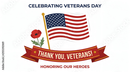 American flag with red poppy flower for festive Veterans Day