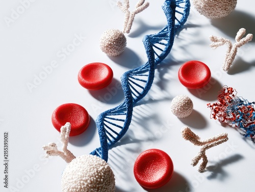 DNA Helix Model Surrounded by Blood Cells and Microscopic Organisms.