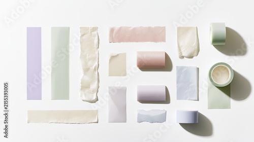 Collection of Washi Tapes and Paper Strips in Soft Pastel Colors.